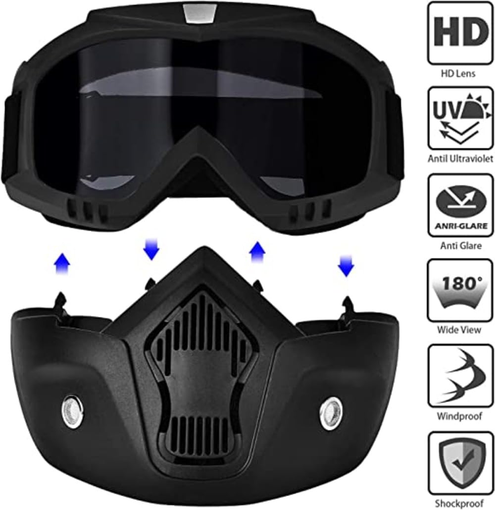 Goggle Mask Anti Scratch UV Protective Open Face & Eyewear Windproof Dirt Shield Adjustable Strap Soft Foam Padded Detachable
